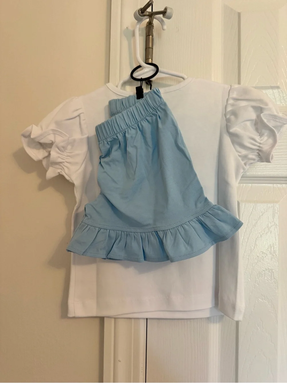 Stitchy Fish Girls White Princess Tee & Light Blue Ruffle Shorts Set